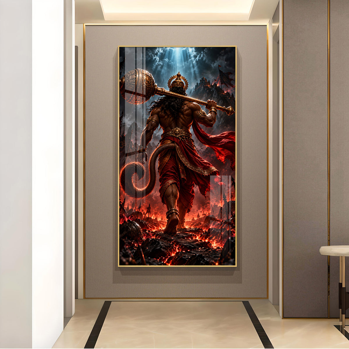 Lord Hanuman Back Pose With Gada Glass Finish Vertical Wall Art