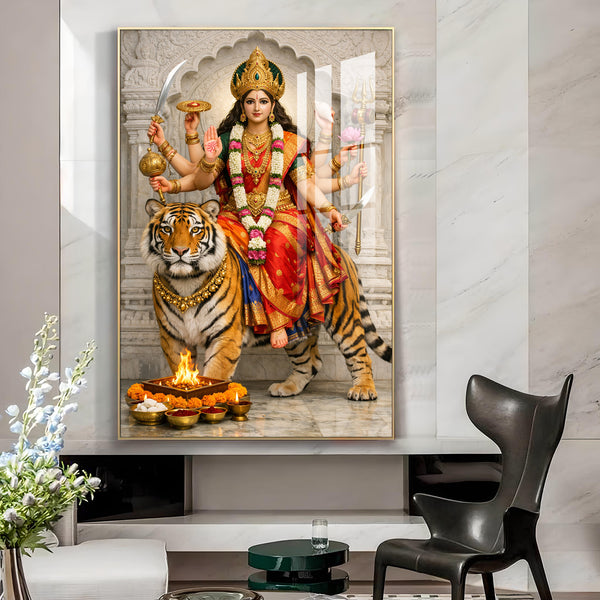 Maa Durga Seated On Tiger Glass Finish Vertical Wall Art