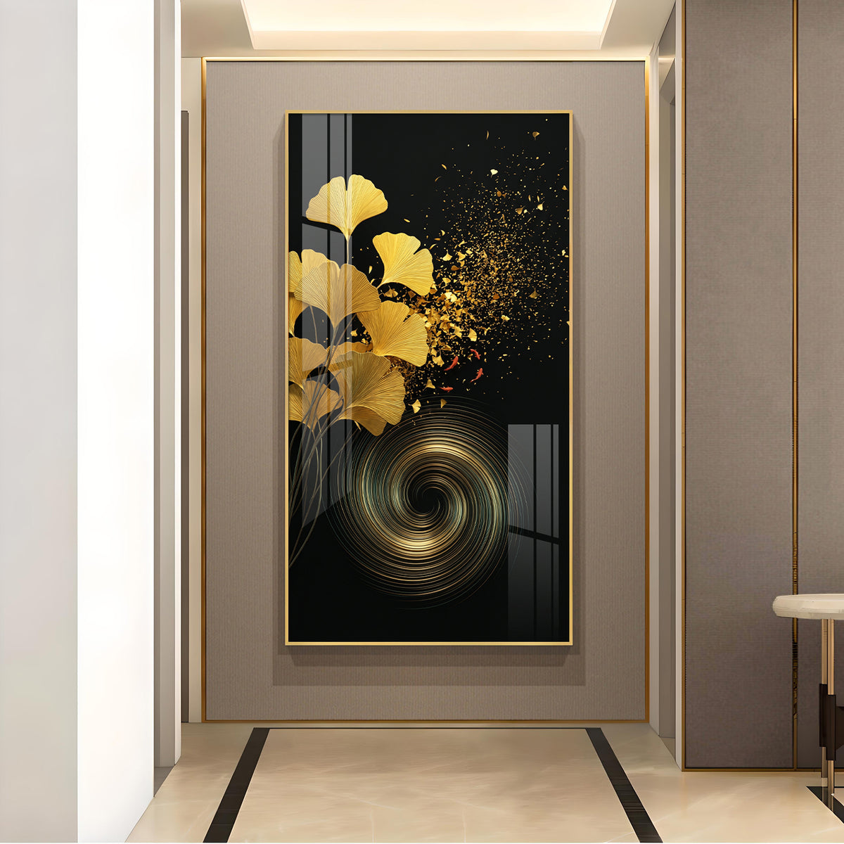 Gold Ginkgo Leaves Glass Finish Vertical Wall Art