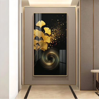 Gold Ginkgo Leaves Glass Finish Vertical Wall Art