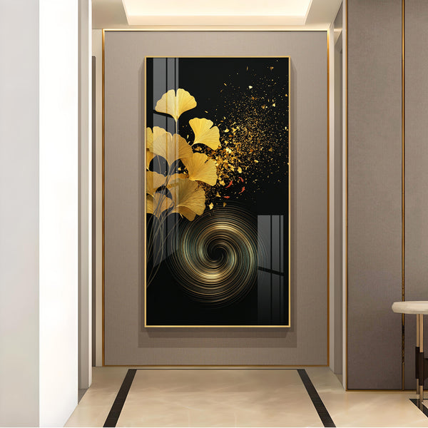 Gold Ginkgo Leaves Glass Finish Vertical Wall Art
