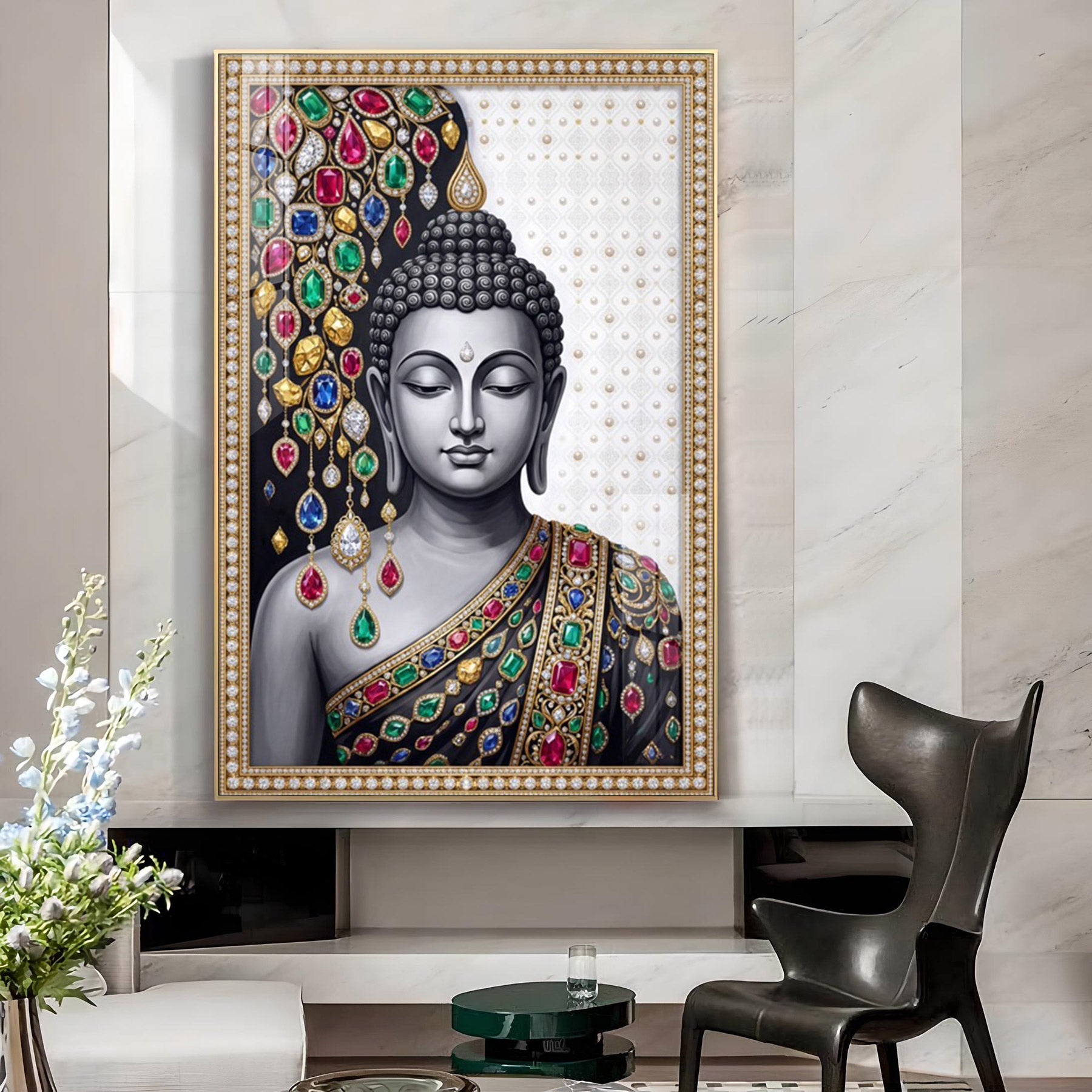 Divine Lord Buddha Glass Finish Vertical Wall Art