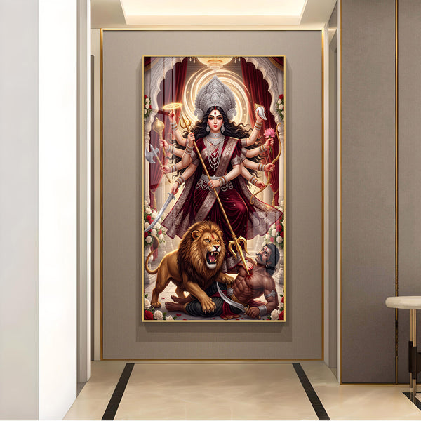 Durga Mata Mahishasuramardini Glass Finish Vertical Wall Art