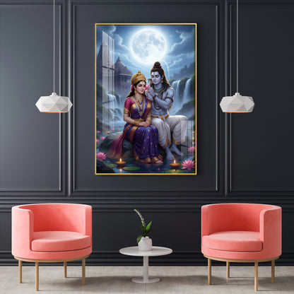 Depicting Lord Shiva & Goddess Parvati Glass Finish Vertical Wall Art