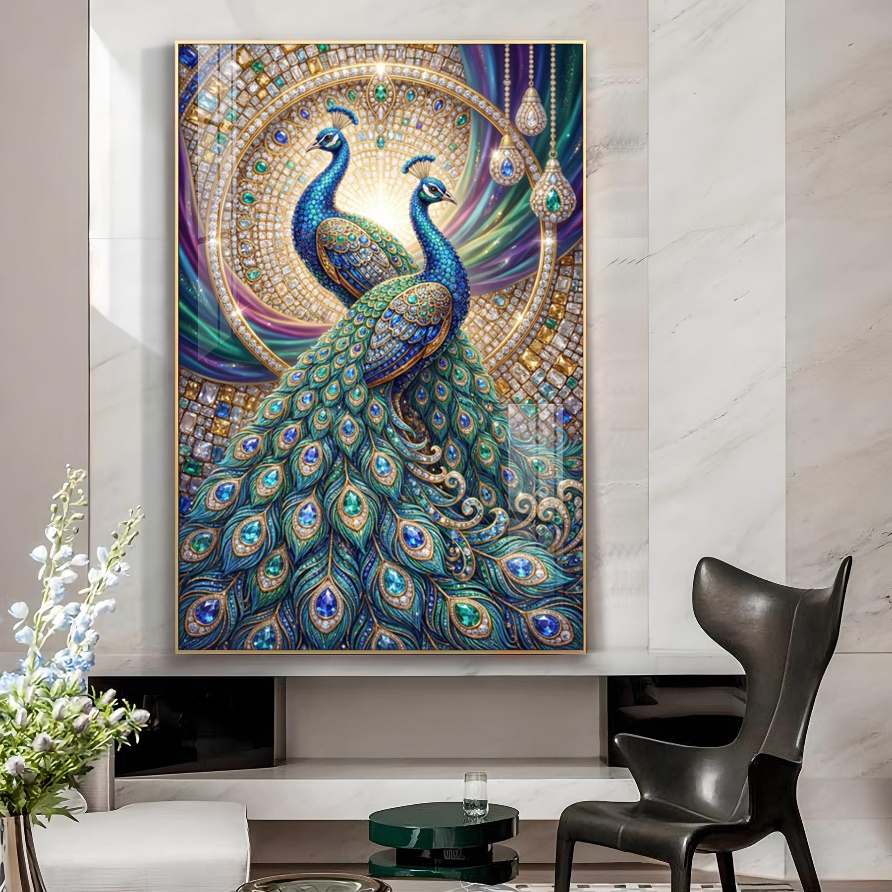 Beautiful Two Peacock Glass Finish Vertical Wall Art