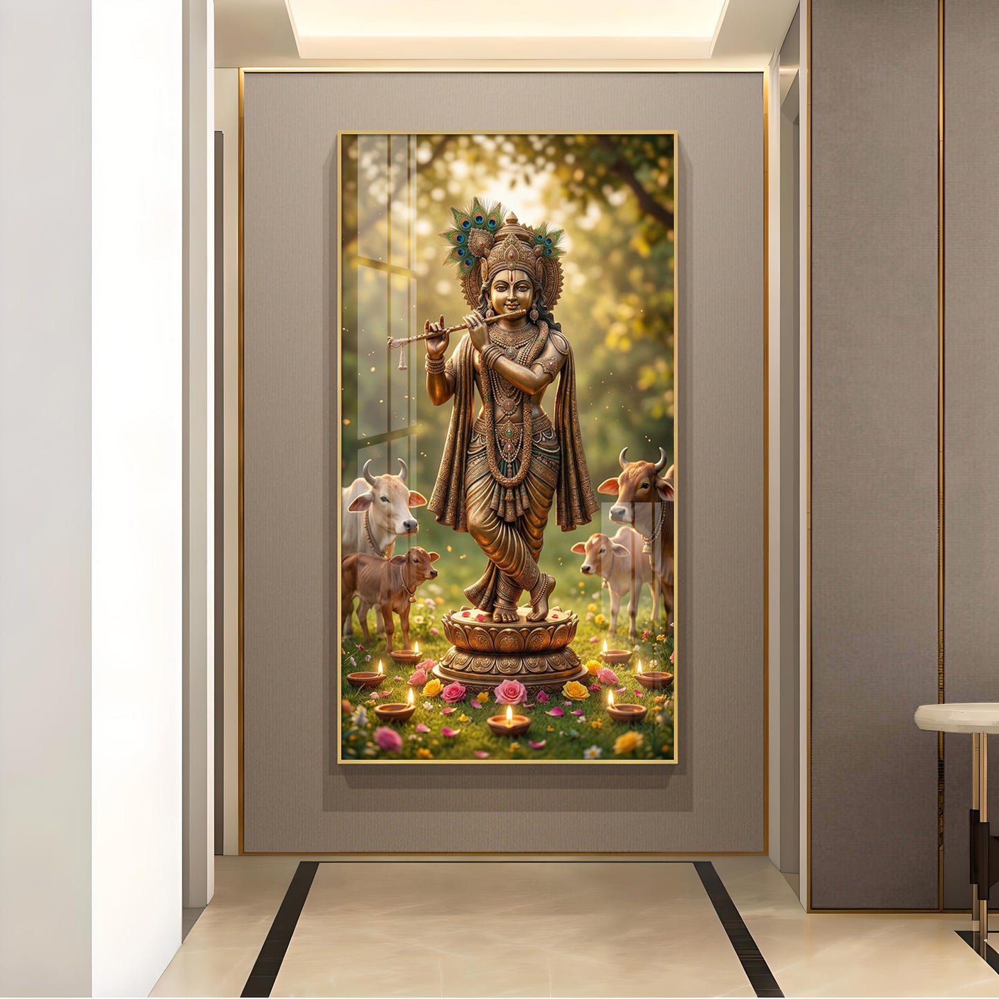 Lord Krishna With Playing the Flute Glass Finish Vertical Wall Art