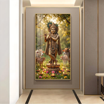 Lord Krishna With Playing the Flute Glass Finish Vertical Wall Art