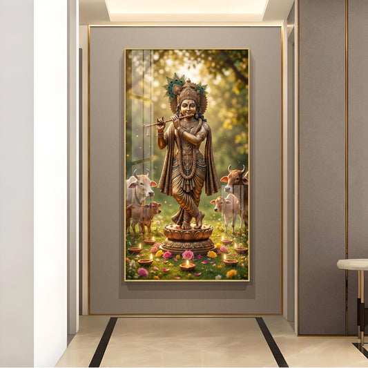 Lord Krishna With Playing the Flute Glass Finish Vertical Wall Art