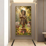 Lord Krishna With Playing the Flute Glass Finish Vertical Wall Art