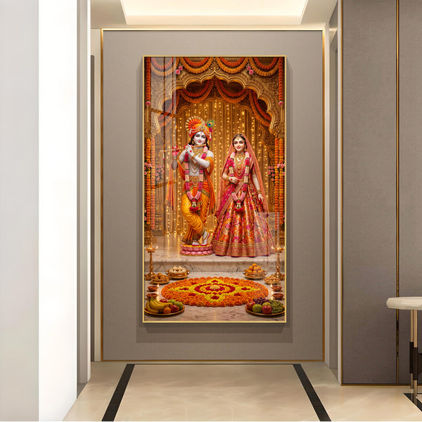 Decorative Radha Krishna Glass Finish Vertical Wall Art