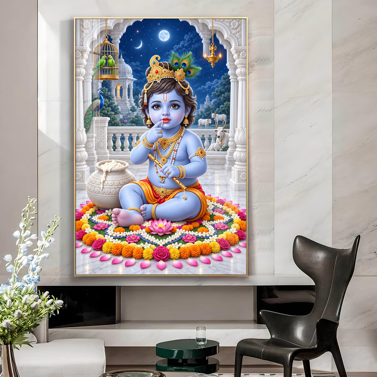 Bal Krishna Eating Makhan Glass Finish Vertical Wall Art