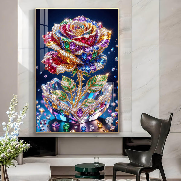 Colourful Rose Glass Finish Vertical Wall Art