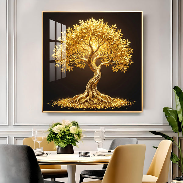 Golden Kalpavriksha Glass Finish Square Wall Art