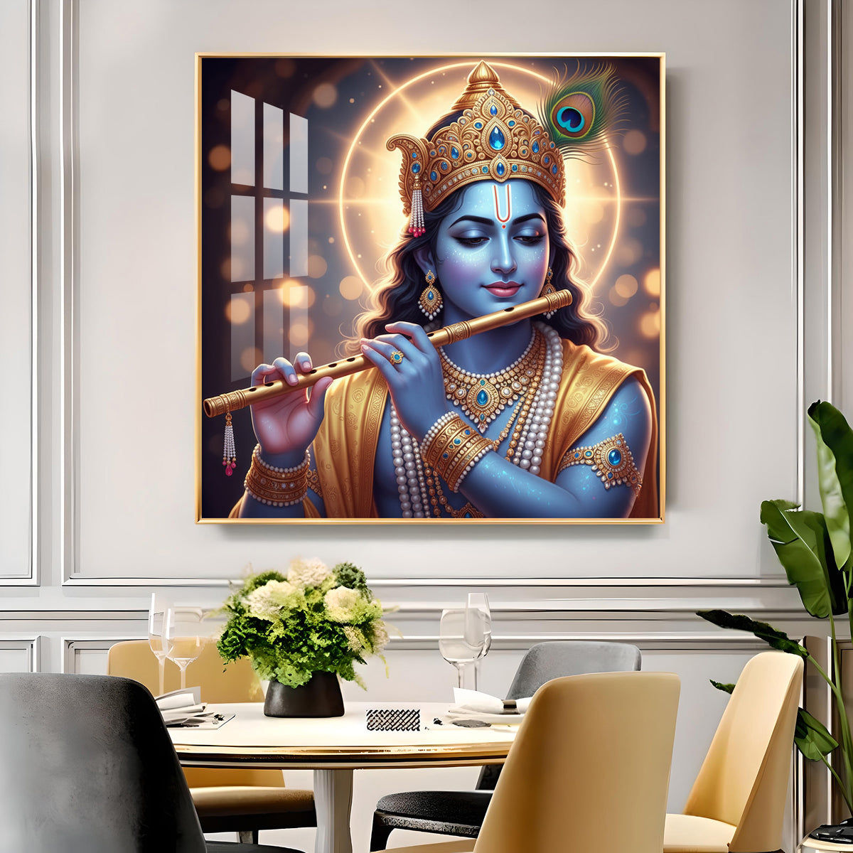 Spiritual Krishna With Flute Glass Finish Square Wall Art
