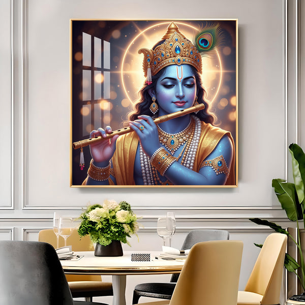 Spiritual Krishna With Flute Glass Finish Square Wall Art