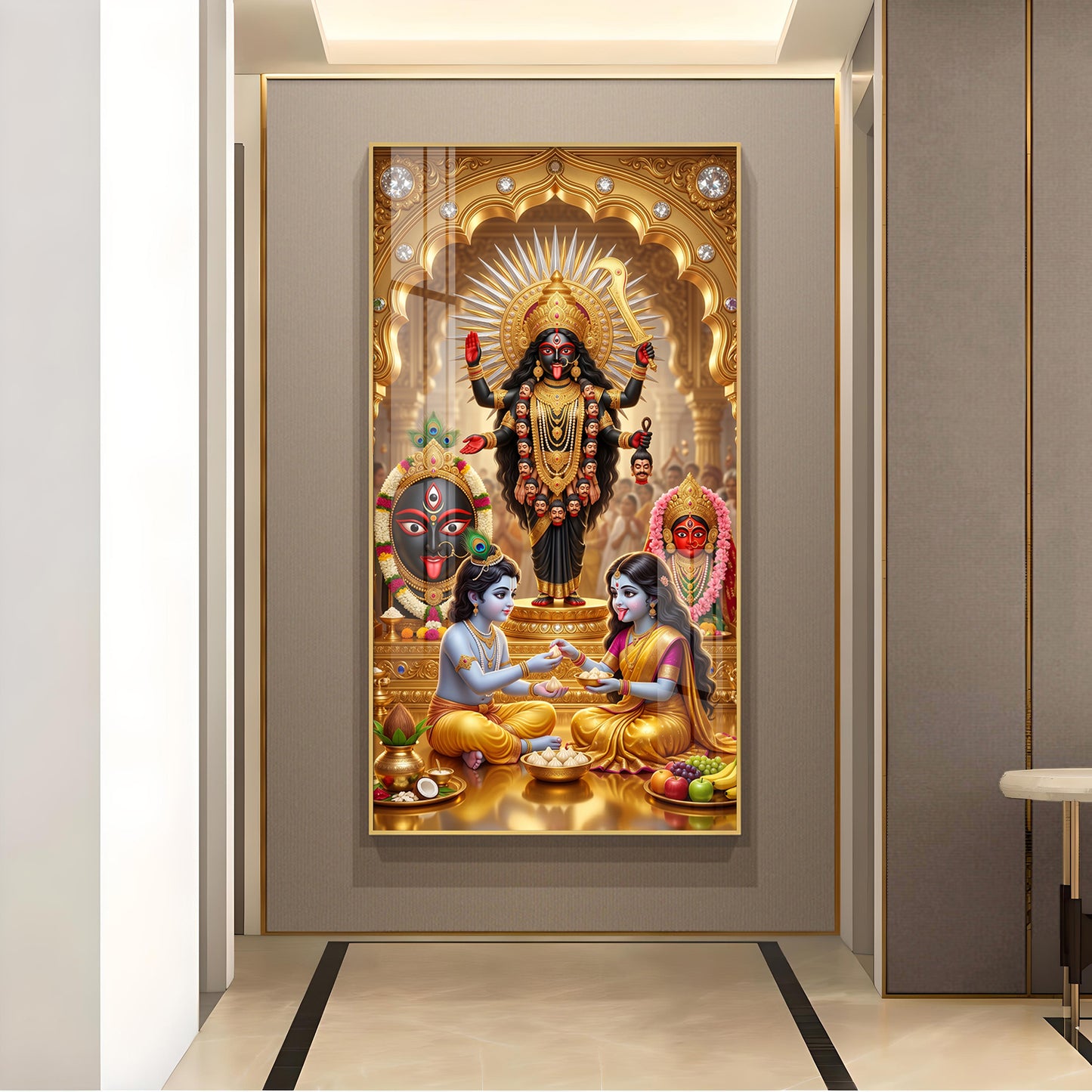 Maa Kali, Lord Krishna & Radha Glass Finish Vertical Wall Art