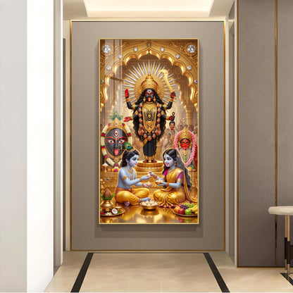 Maa Kali, Lord Krishna & Radha Glass Finish Vertical Wall Art