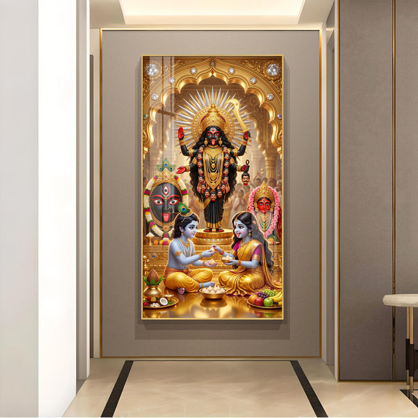 Maa Kali, Lord Krishna & Radha Glass Finish Vertical Wall Art