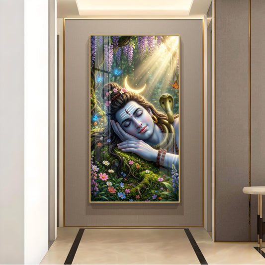 Lord Shiva Glass Finish Vertical Wall Art