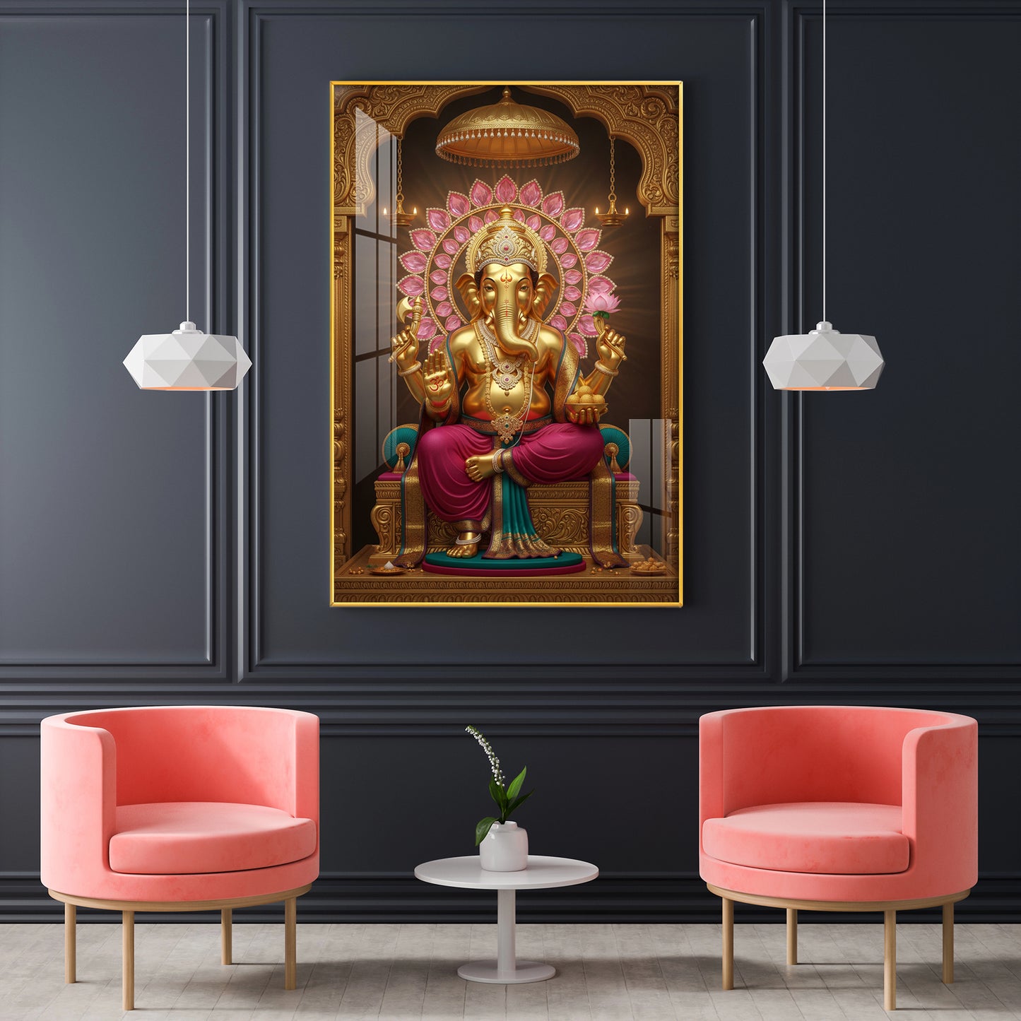 Lord Ganesha With Intricate Floral Glass Finish Vertical Wall Art