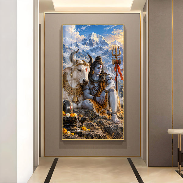 Lord Shiva With Nandi Glass Finish Vertical Wall Art