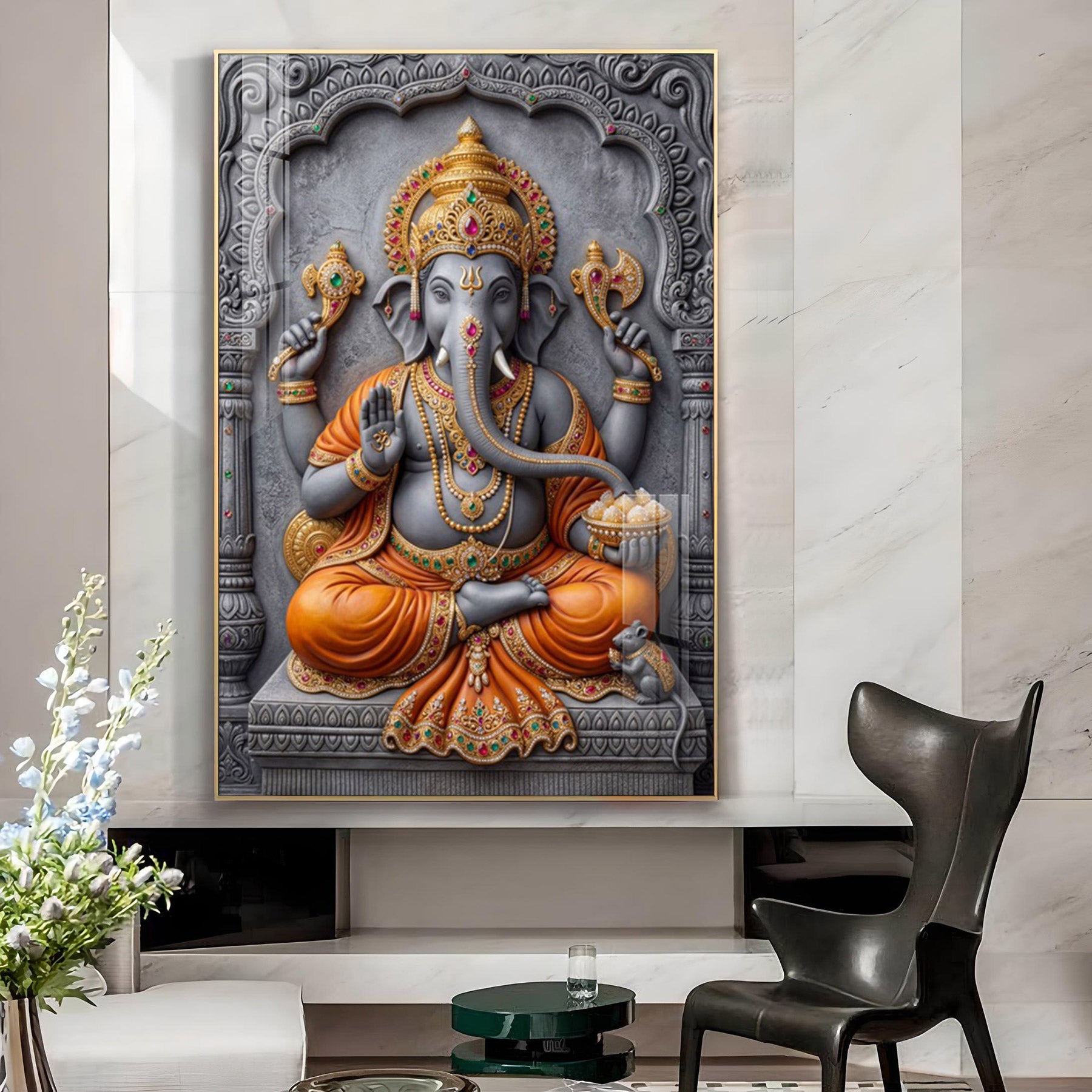 Lord Vinayagar Glass Finish Vertical Wall Art