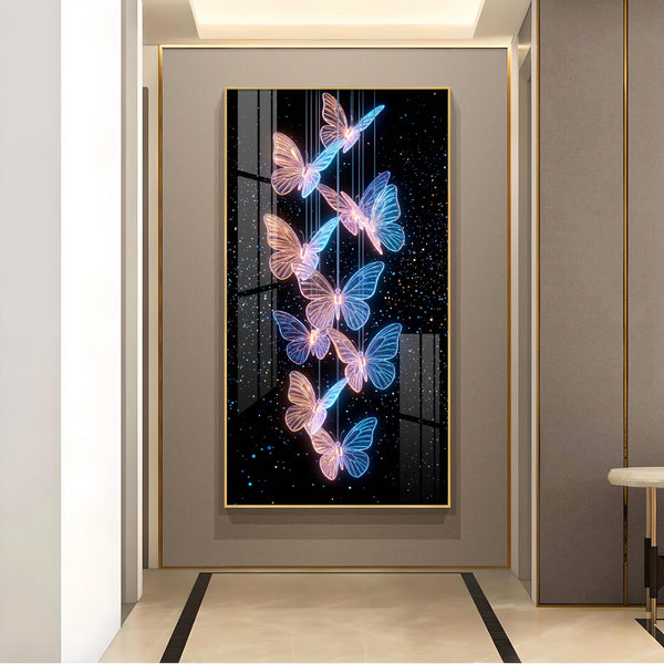 Blue & Pink Glowing Butterflies Glass Finish Vertical Wall Art