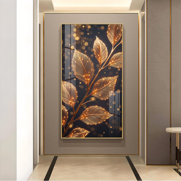 Sparkle Gold Foliage Leaves Glass Finish Vertical Wall Art