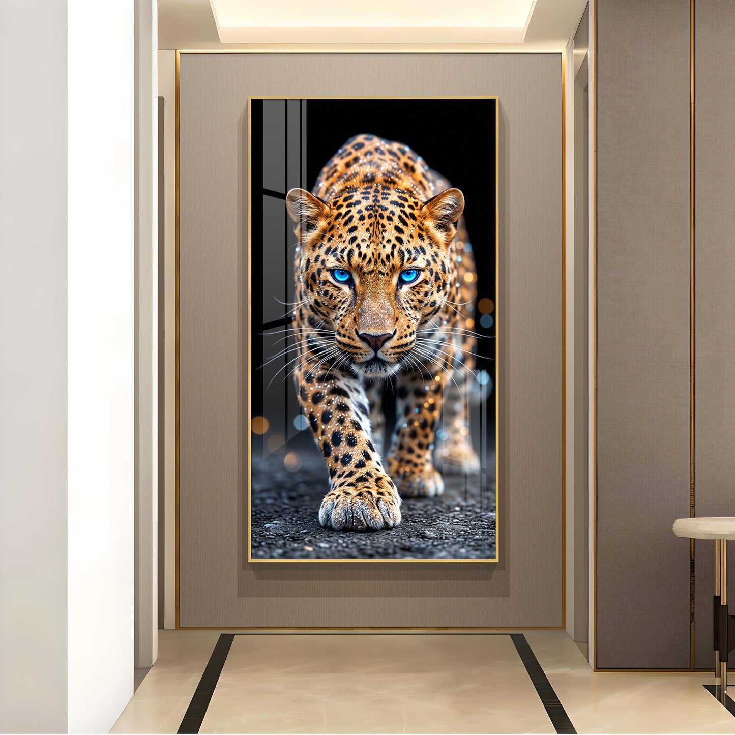 Wild Leopard With Blue Eyes Glass Finish Vertical Wall Art