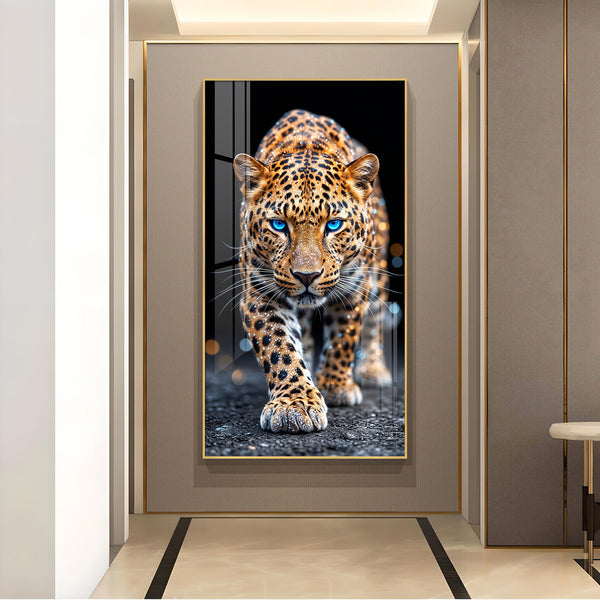 Wild Leopard With Blue Eyes Glass Finish Vertical Wall Art
