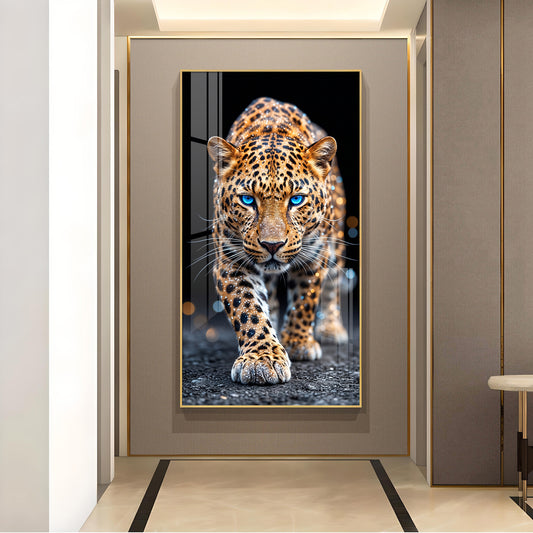 Wild Leopard With Blue Eyes Glass Finish Vertical Wall Art