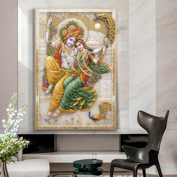 Depicting God Radha Krishna Glass Finish Vertical Wall Art