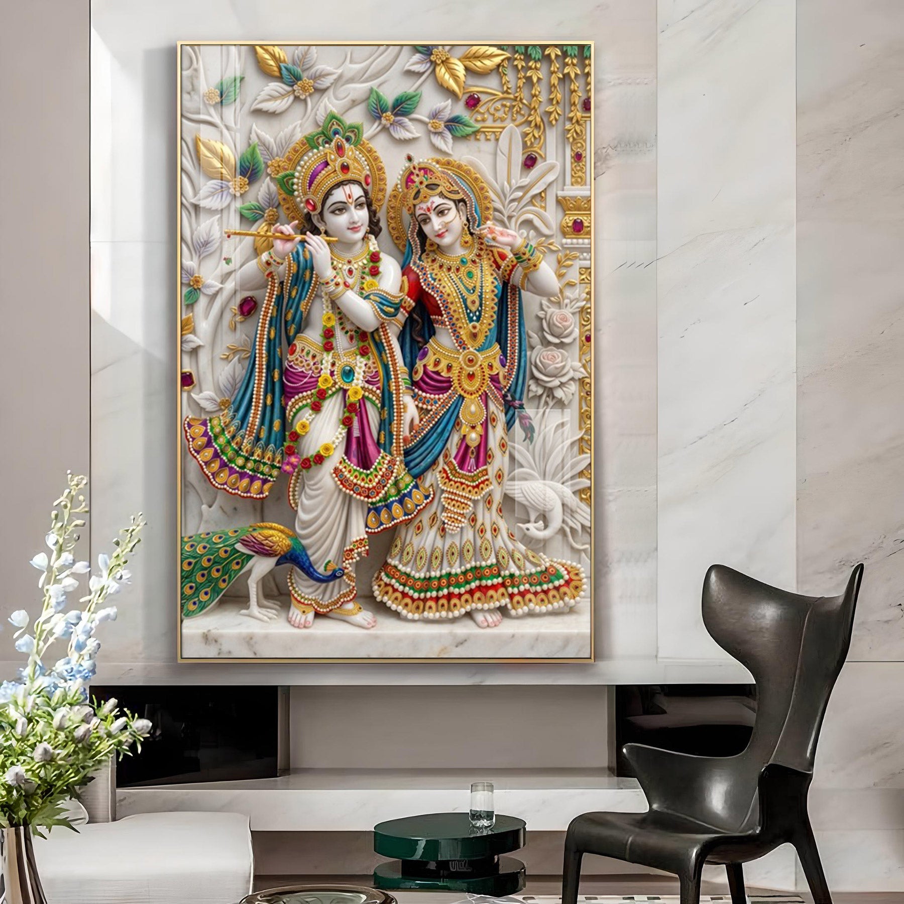Radha Krishna With Flute Glass Finish Vertical Wall Art