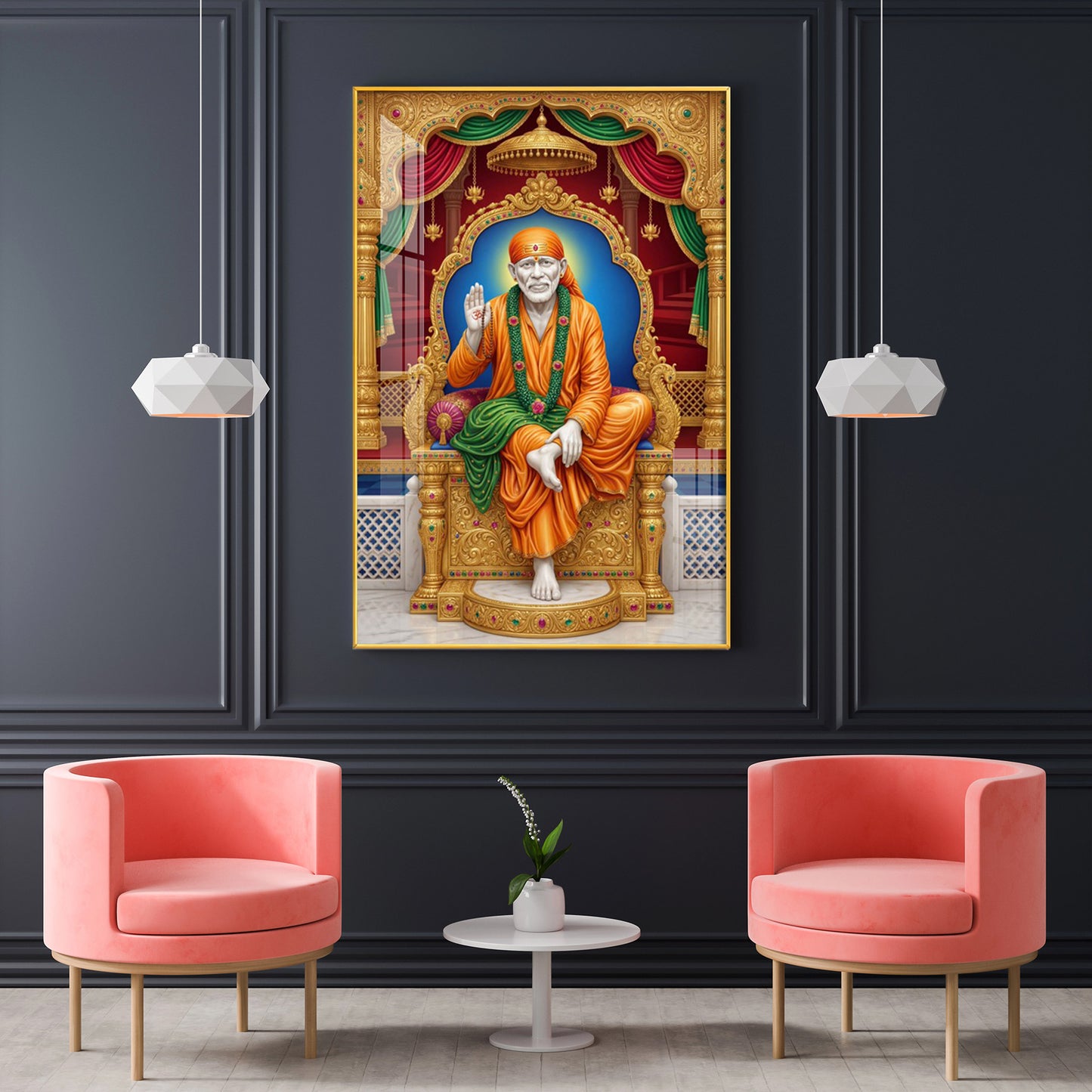 Sai Baba Religious Glass Finish Vertical Wall Art