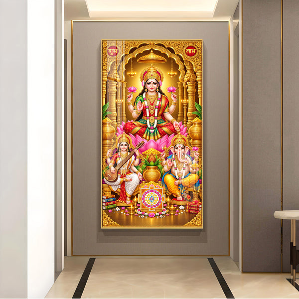 Goddess Saraswati, Lakshmi and Lord Ganesh Glass Finish veritcal Wall Art