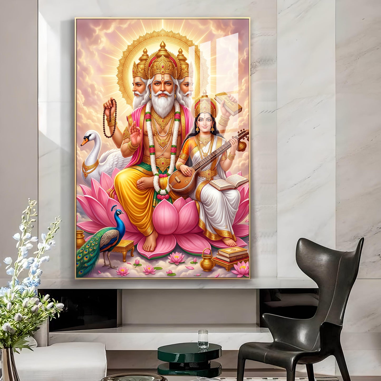 God Brahma Alongside Saraswati Glass Finish Vertical Wall Art