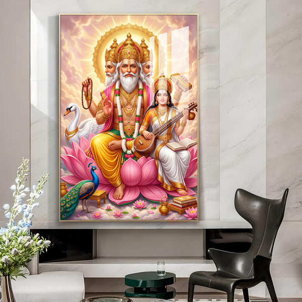 God Brahma Alongside Saraswati Glass Finish Vertical Wall Art