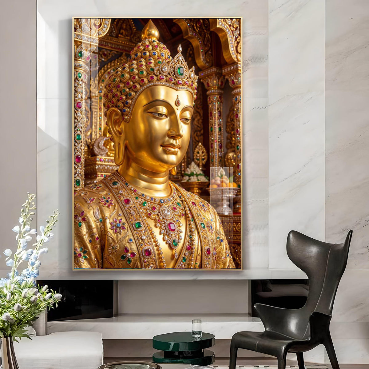Golden Buddha Glass Finish Vertical Wall Art