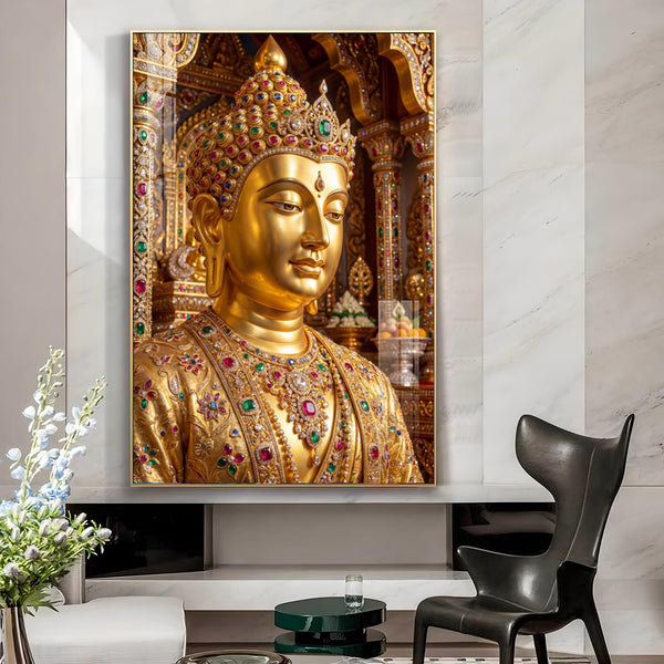 Golden Buddha Glass Finish Vertical Wall Art