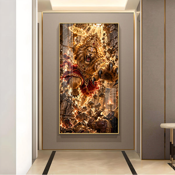 Lord Narasimha Glass Finish Vertical Wall Art