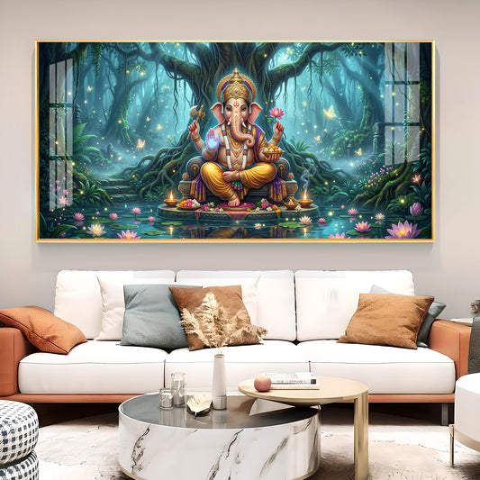 Lord Ganesh Divine Aura Glass Finish Horizontal Wall Art
