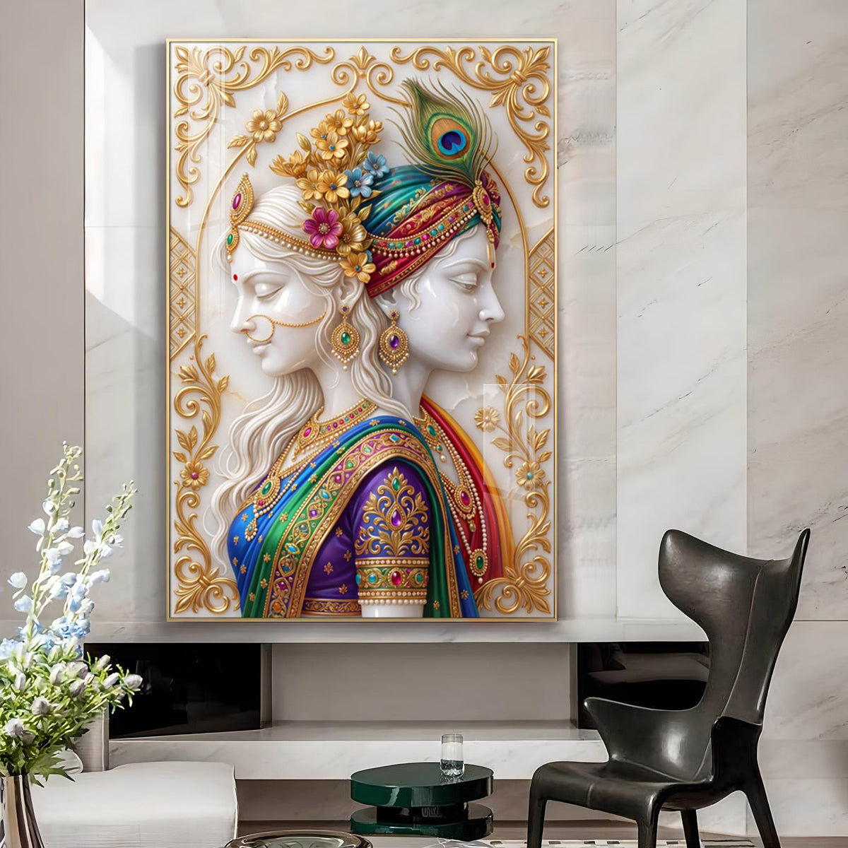 Divine Couple Radha Krishna Glass Finish Vertical Wall Art