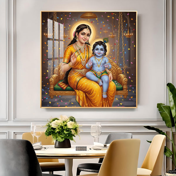 Little Kanha With Yashoda Maa Glass Finish Square Wall Art