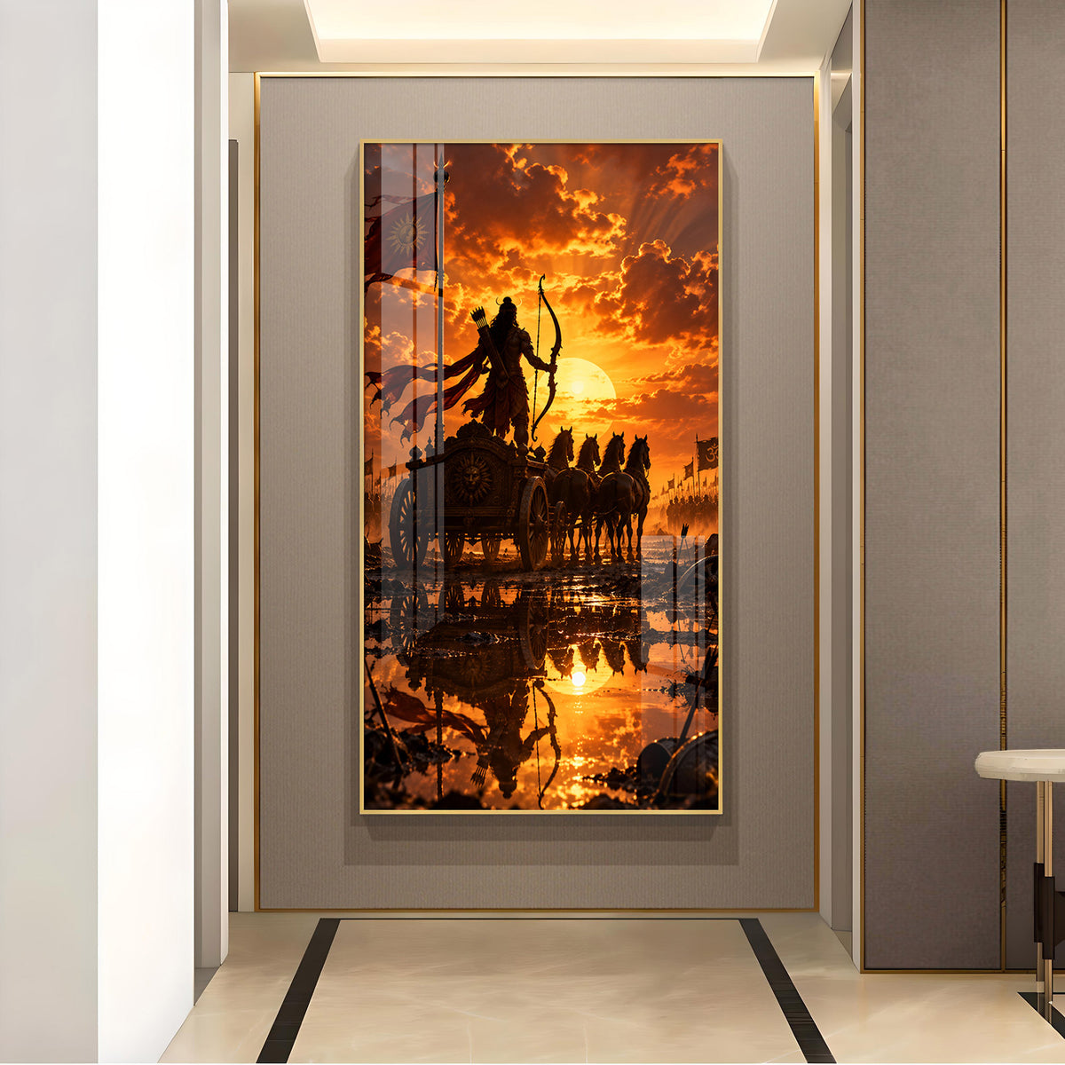 Mahabharata Arjuna Warrior Sunset Glass Finish Vertical Wall Art