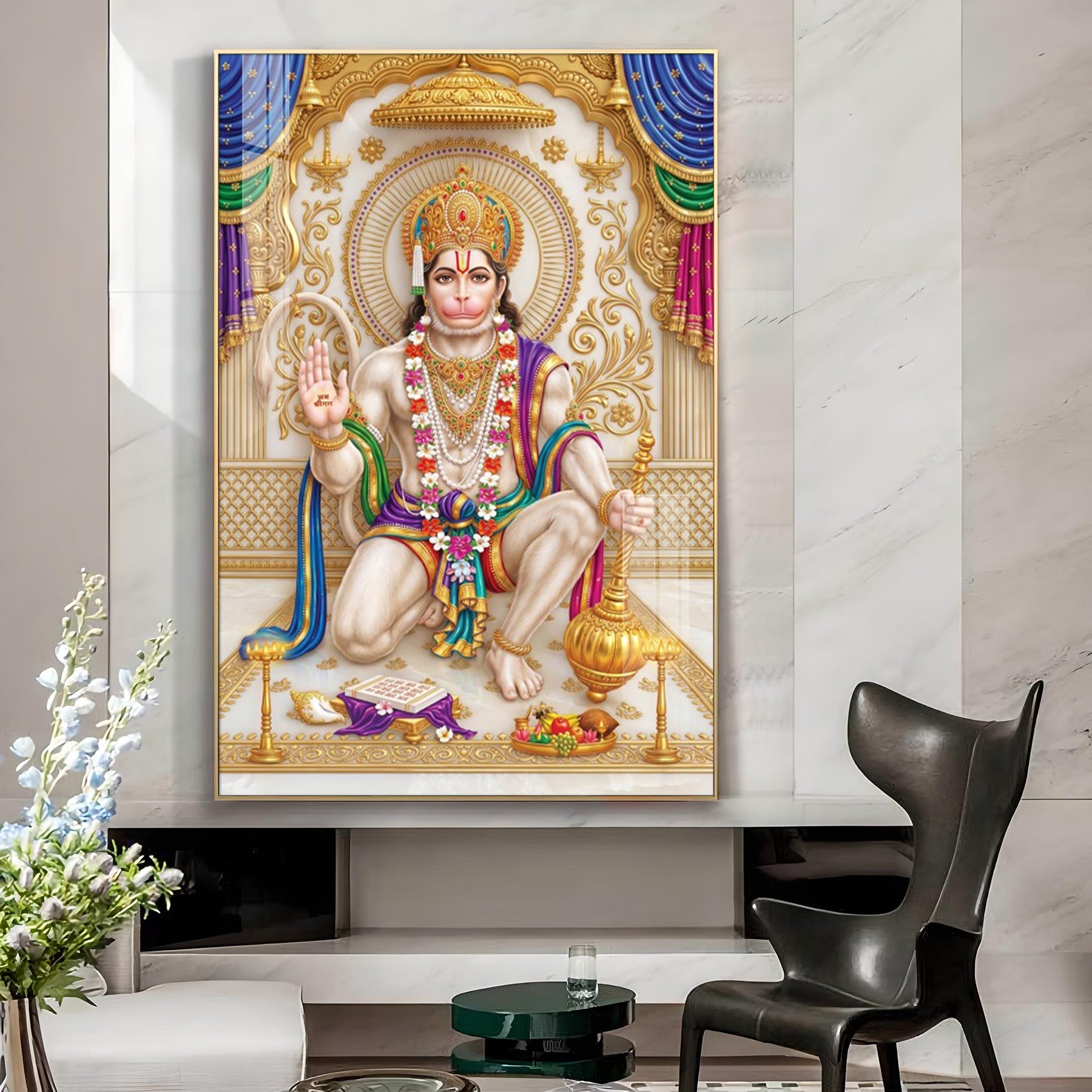 Divine Hanuman Glass Finish Vertical Wall Art