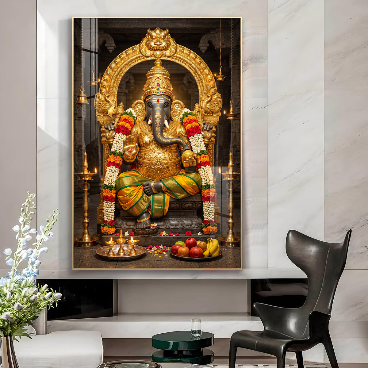 Lord Ganesha with Golden Arch Glass Finish Vertical Wall Art