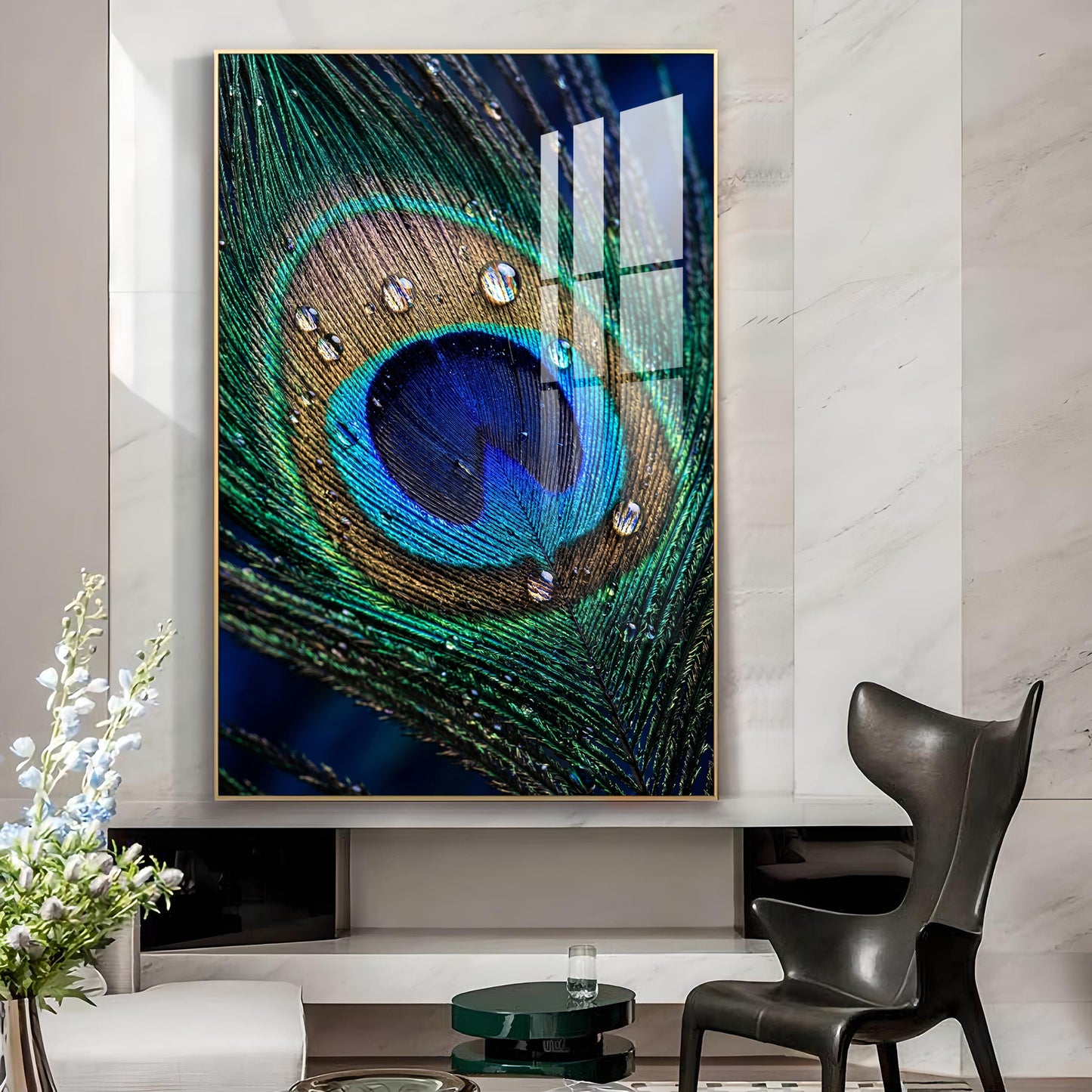 Peacock Feather With Water Drops Glass Finish Vertical Wall Art