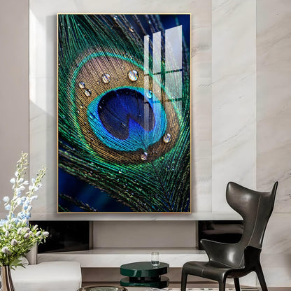 Peacock Feather With Water Drops Glass Finish Vertical Wall Art