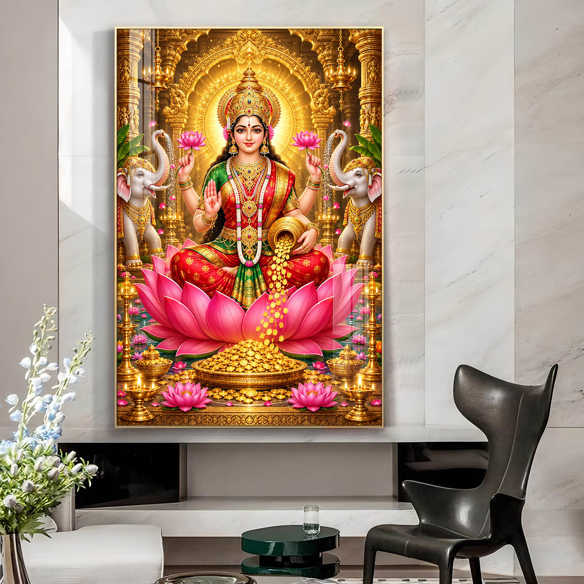 Goddess Mata Laxmi Glass Finish Vertical Wall Art