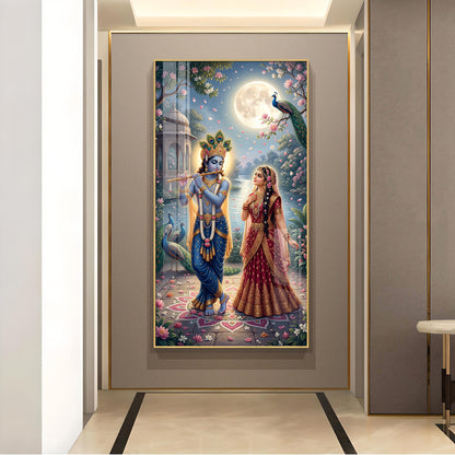 Sri Radha Krishna Glass Finish Vertical Wall Art